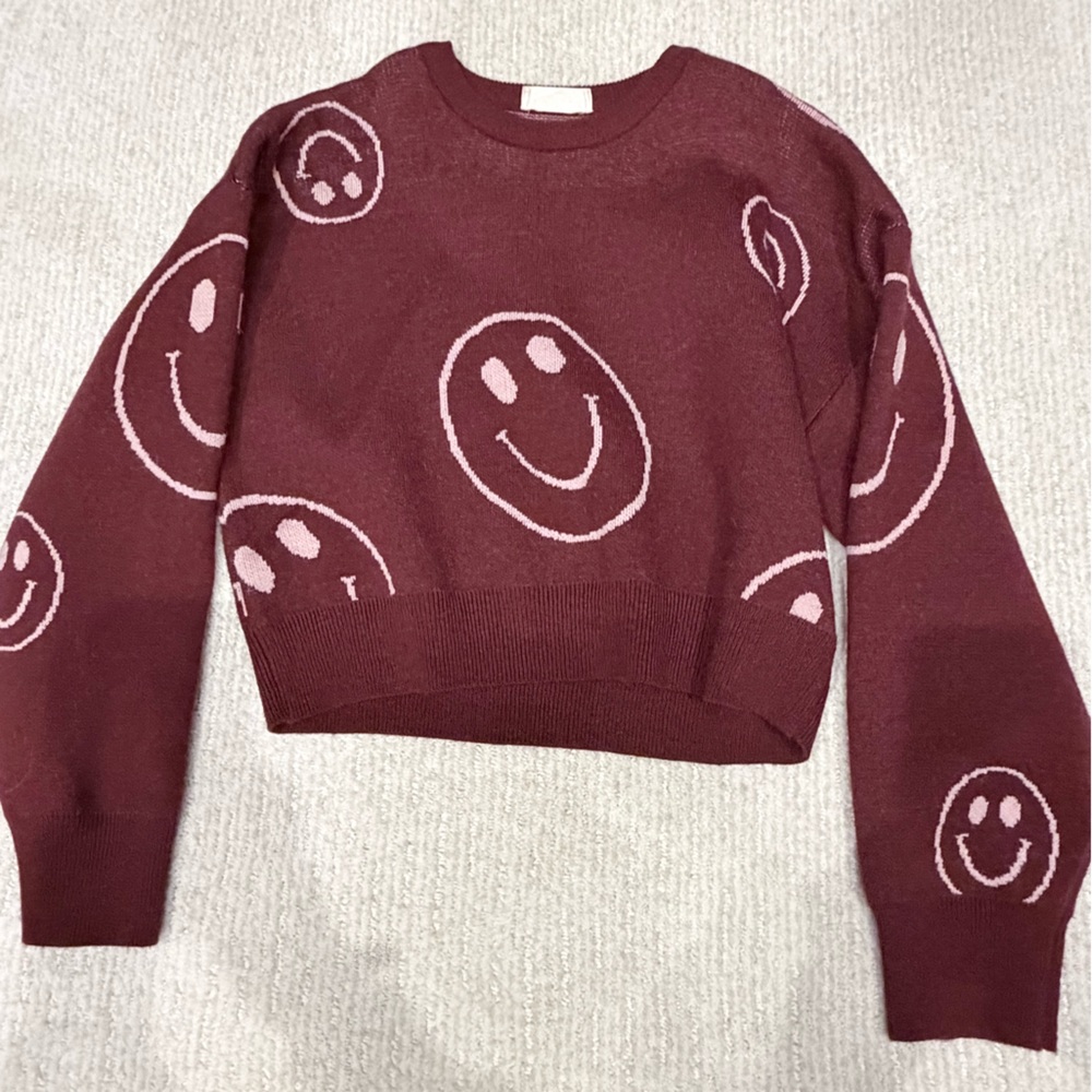 Altar'd State Burgundy Smiley Face Sweater XS